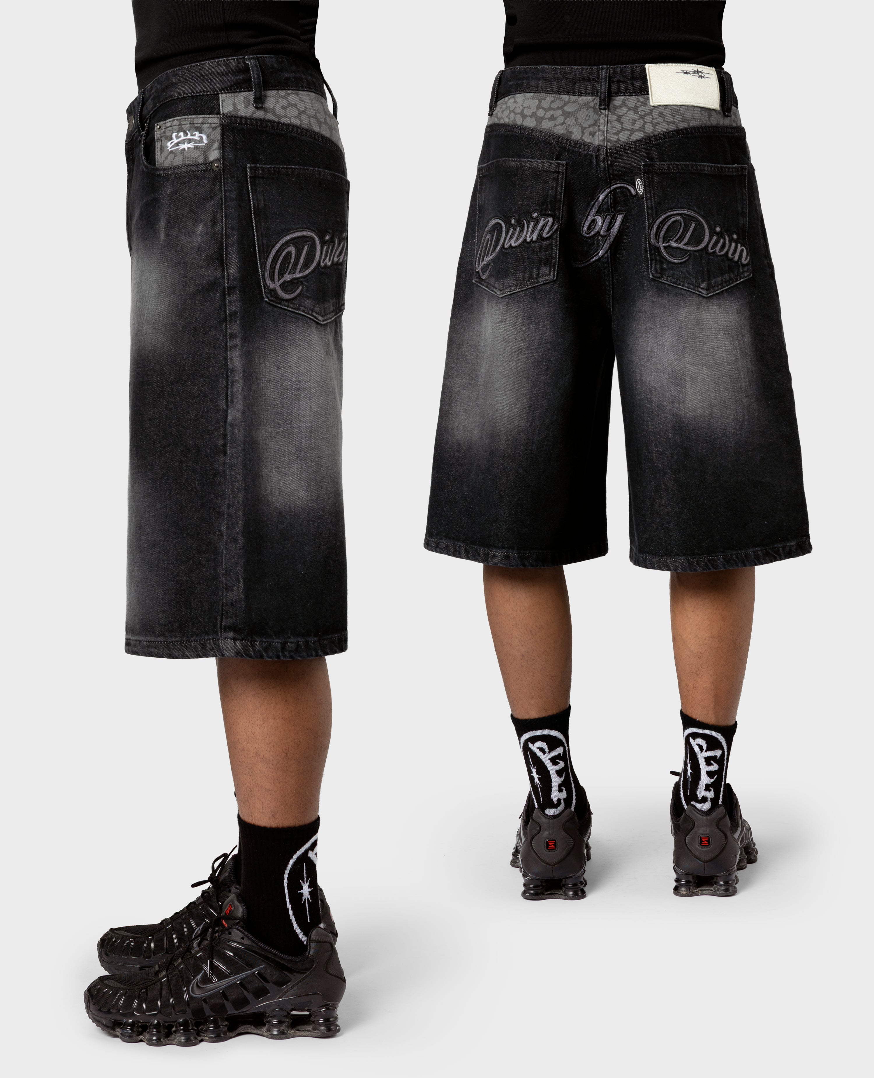 BLACK LEOPARD POCKET DENIM JORT